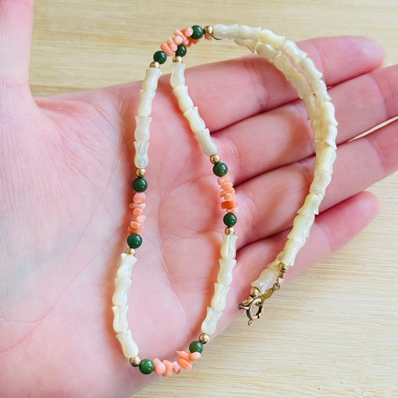 VTG Floral Coral Necklace Mother Of Pearl Jade Genuine Beads Carved Gold Filled
