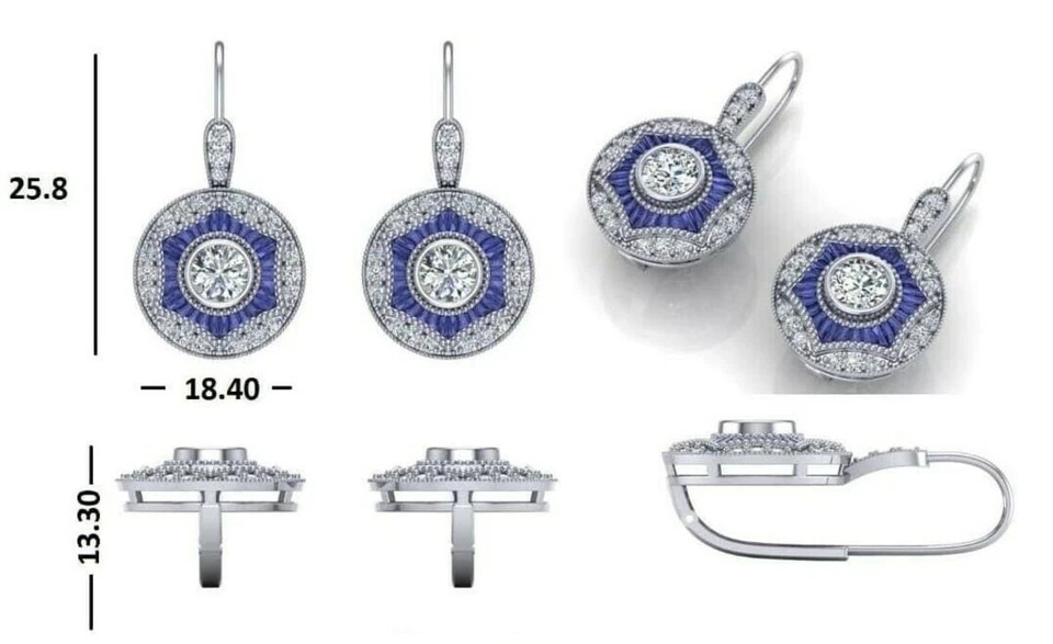 3.75Ct Art Deco Style Lab Created Diamond & Sapphire 14K White Gold FN Earrings