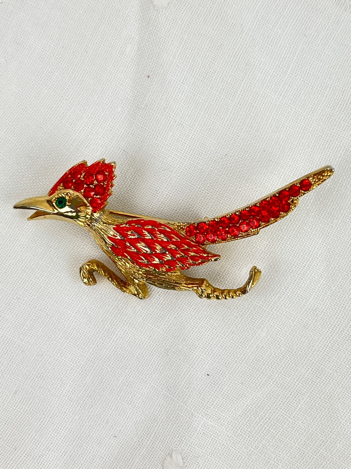 Lot of 3 Gold Tone Bird Brooches Pins Jelly Belly Rhinestones Red Orange Cream