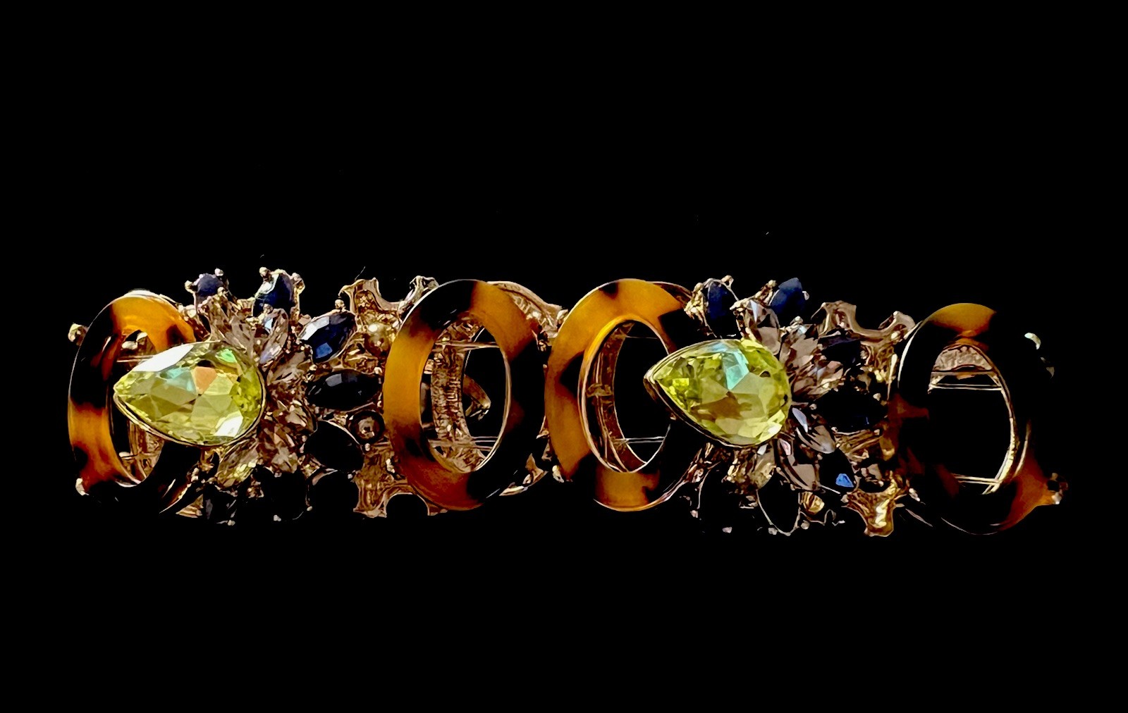 Vintage Oval Tortoise Shell Peridot Green Crystal & Blue Stretch Band Bracelet