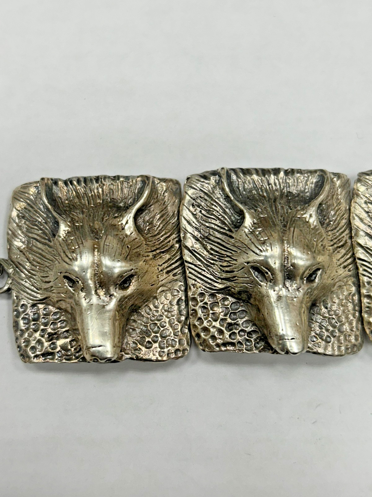Vintage Silver Fox Wolf Head Articulated Link Bracelet 7.5 Inches