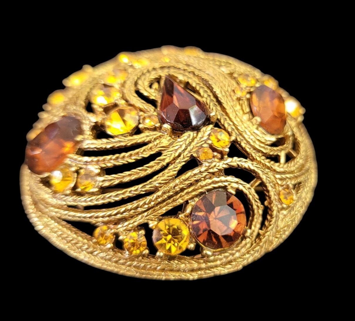 Rare Vintage La Roco Domed Brooch Braided Filigree Citrine Topaz Austrian Crysta