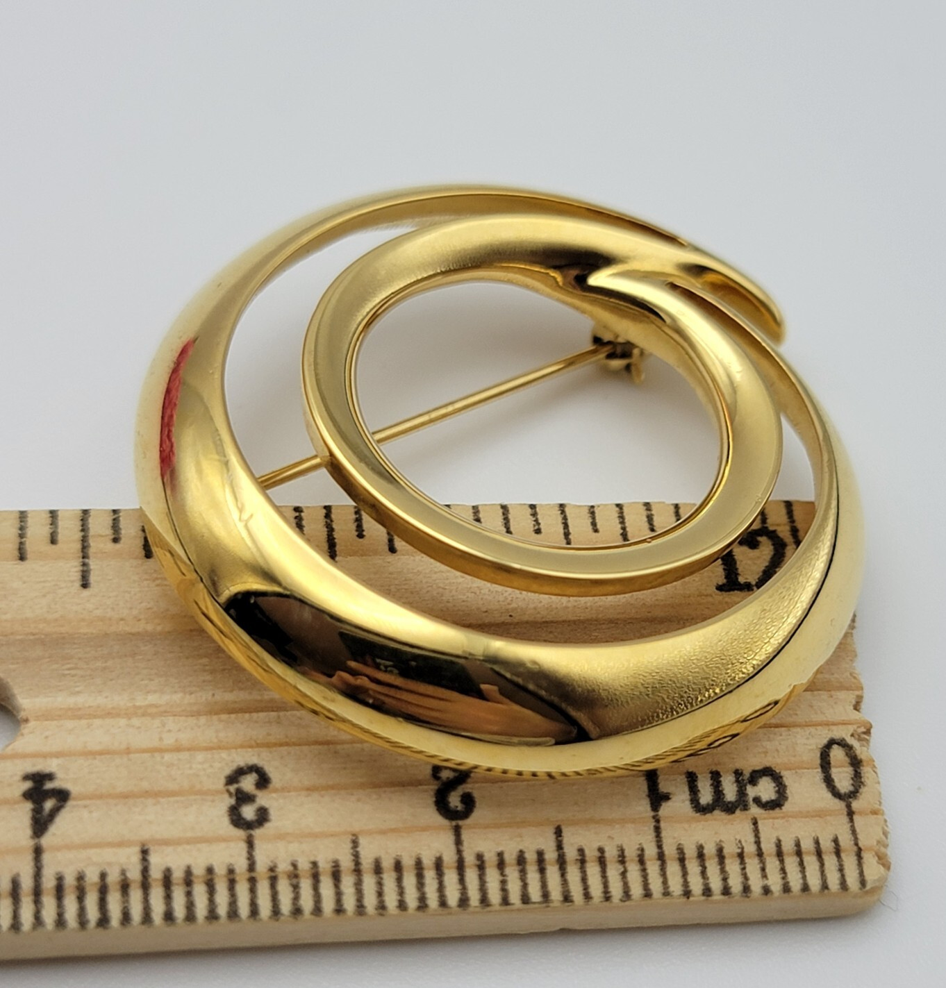 Vintage Signed MONET Gold Tone Brooch Double Circle Open Work 39 mm Modernist
