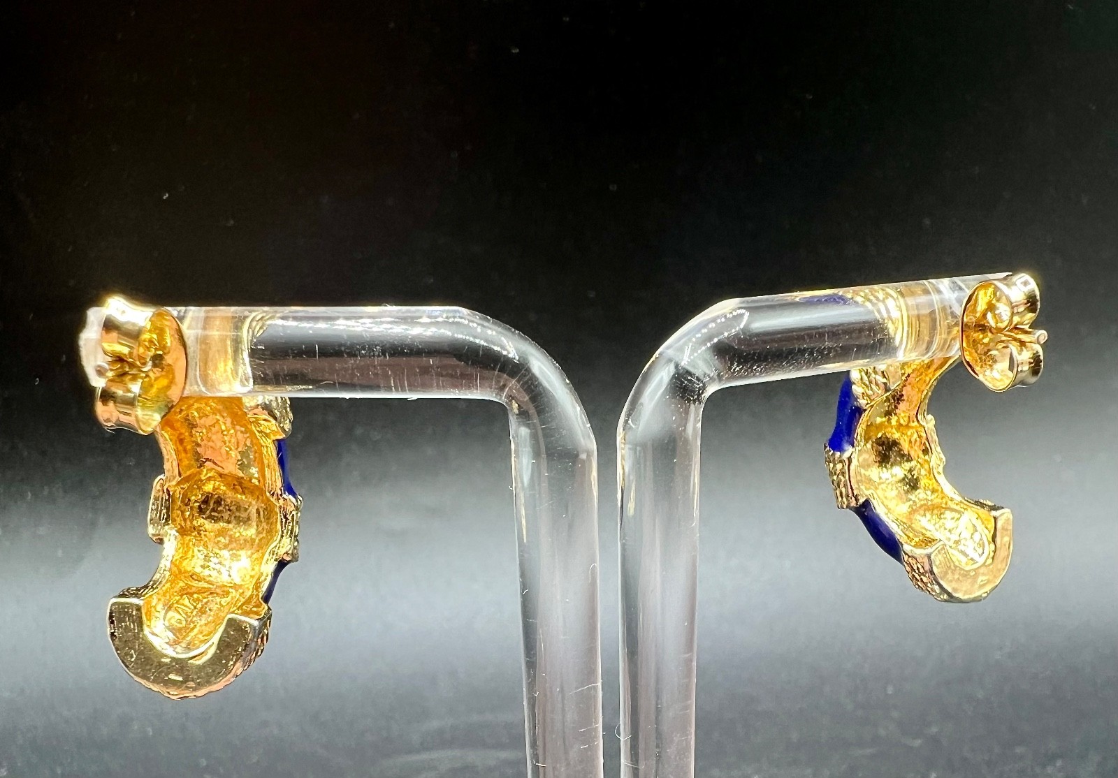 Vtg Gay Boyer Cobalt Blue Enamel J Hoop Earrings Gold Tone Rope Signed Statement