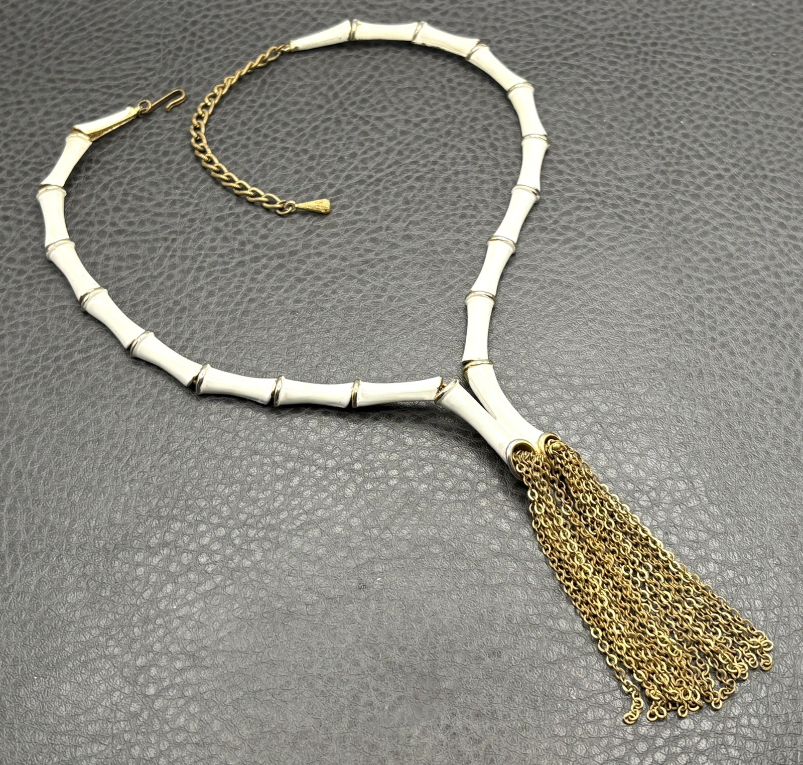 Vintage Unique Chain Tassel Bamboo White Enamel Fringe Drop Estate Necklace