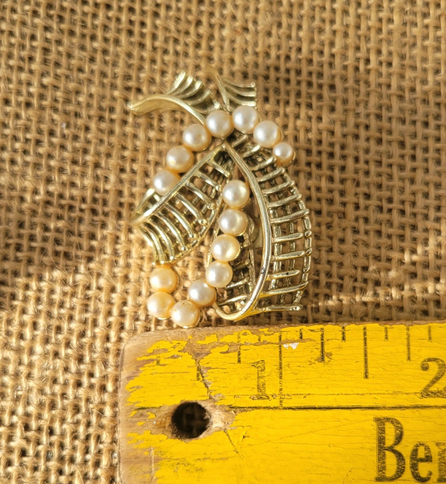 Vintage Faux Pearl Bow Pin Brooch & Clip Earring Set, 1970’s Gold Tone Jewelry