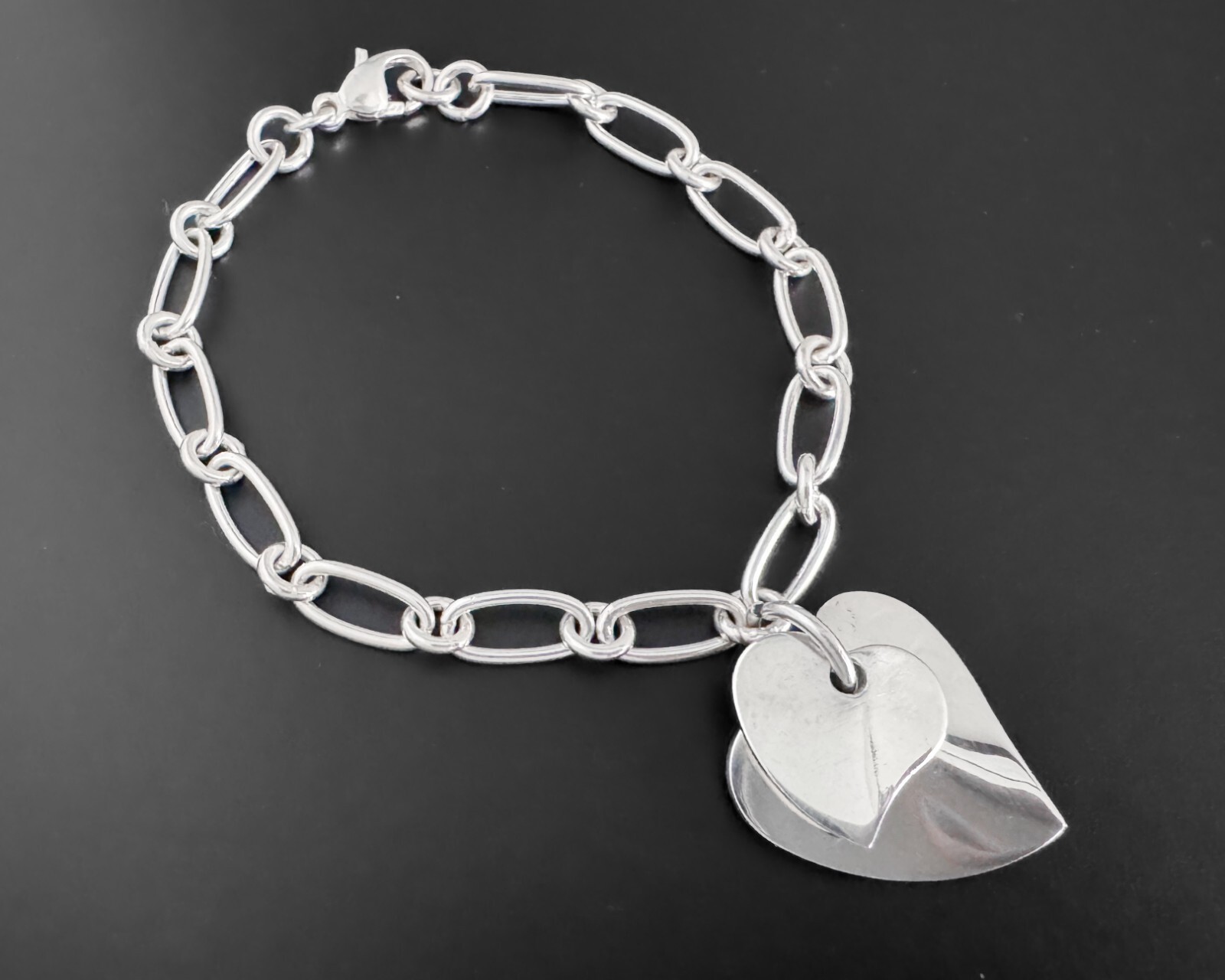 17g Vtg Sterling Silver Modernist Double Heart Tag Charm Design Link Bracelet