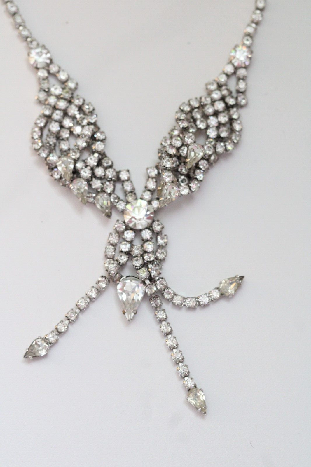Vintage Clear Rhinestone Layered Dangling Fringe Choker Necklace 15 1/2″
