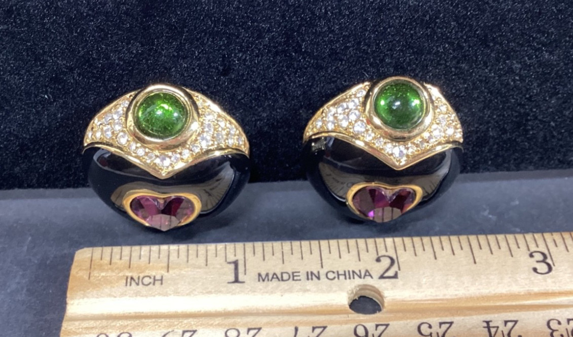 Joan Rivers Clip-On Heart Earrings Pink and Green Crystals Black Enamel 1″