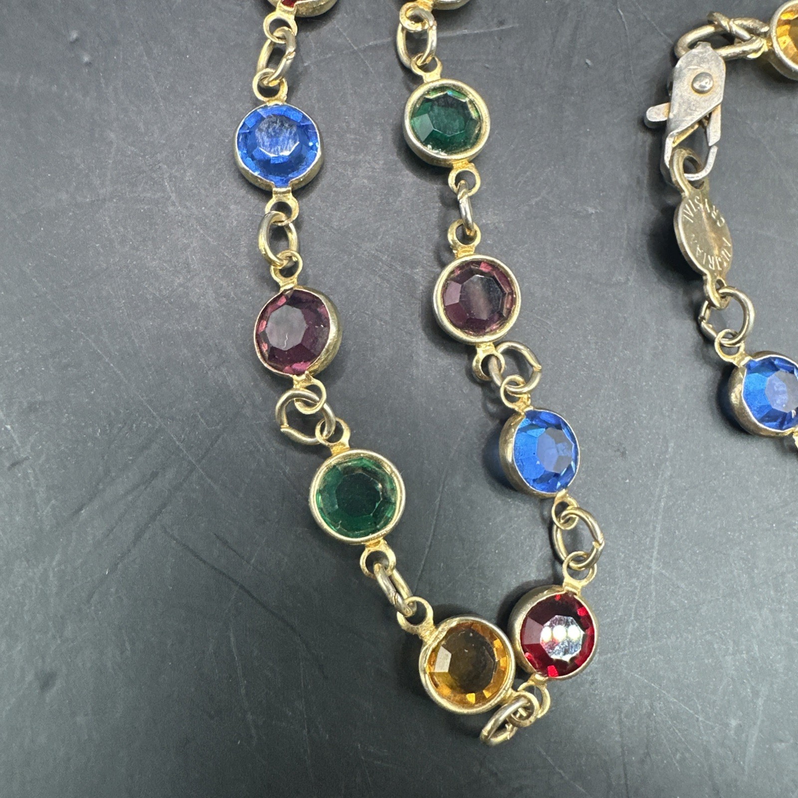 Vintage Austrian Crystal USA Multi-Color Crystal Necklace Bezel Set Jewelry 19″