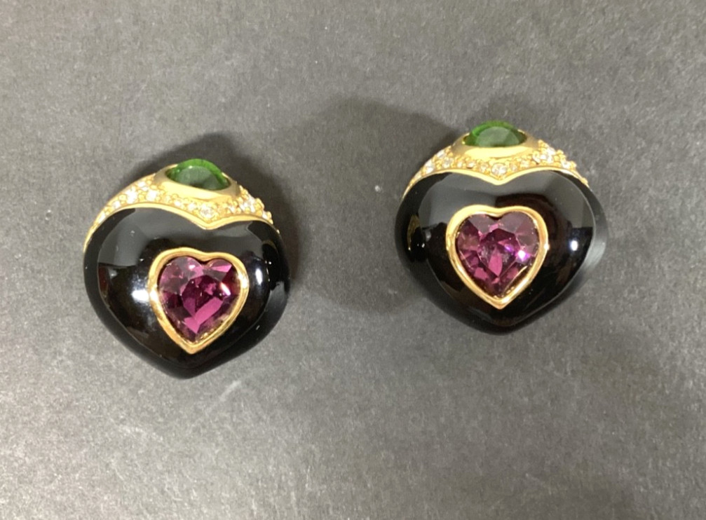 Joan Rivers Clip-On Heart Earrings Pink and Green Crystals Black Enamel 1″