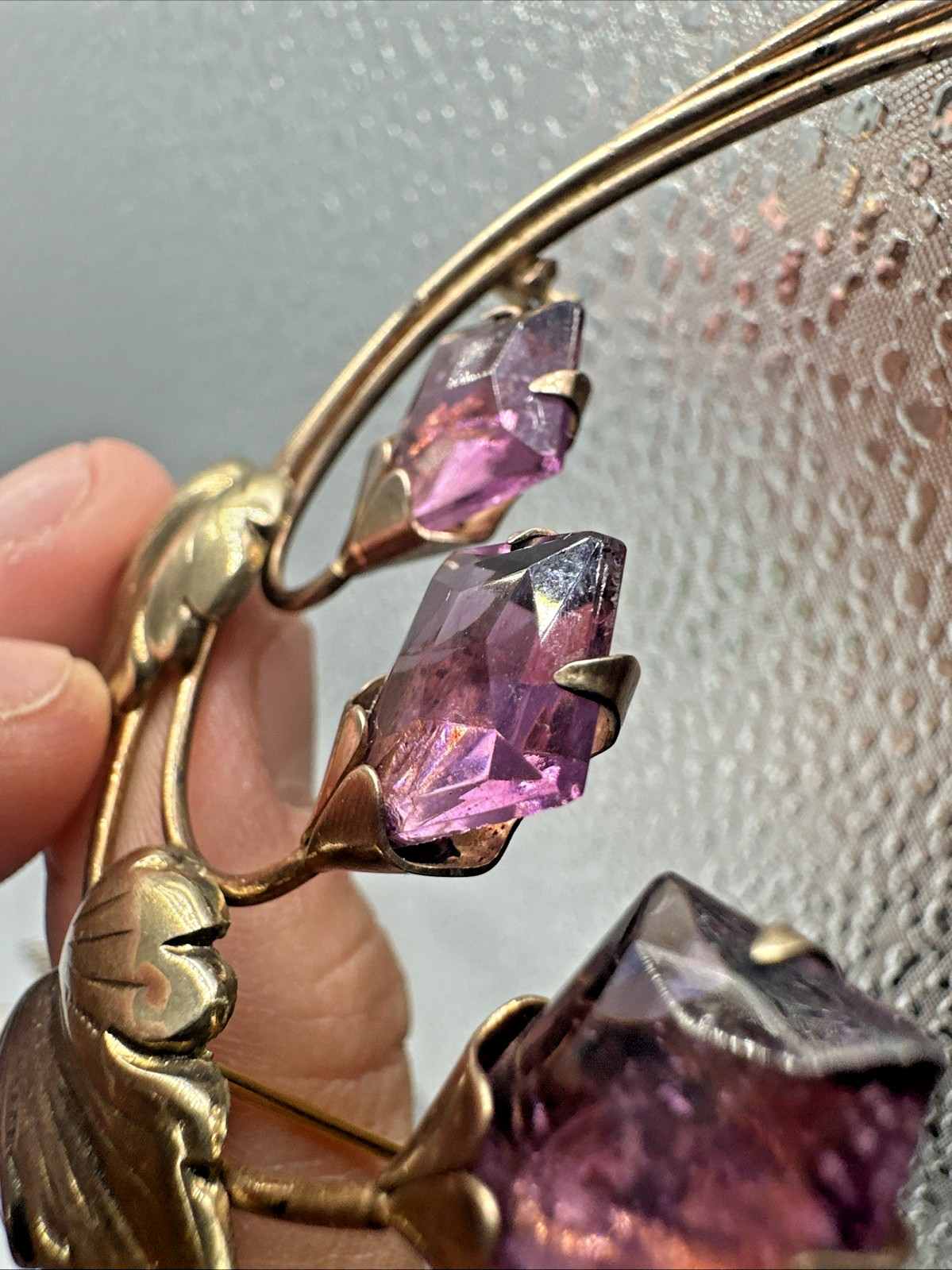 Vtg Sterling Silver Gold Vermeil Purple Rhinestone Flower Brooch & Earrings Set