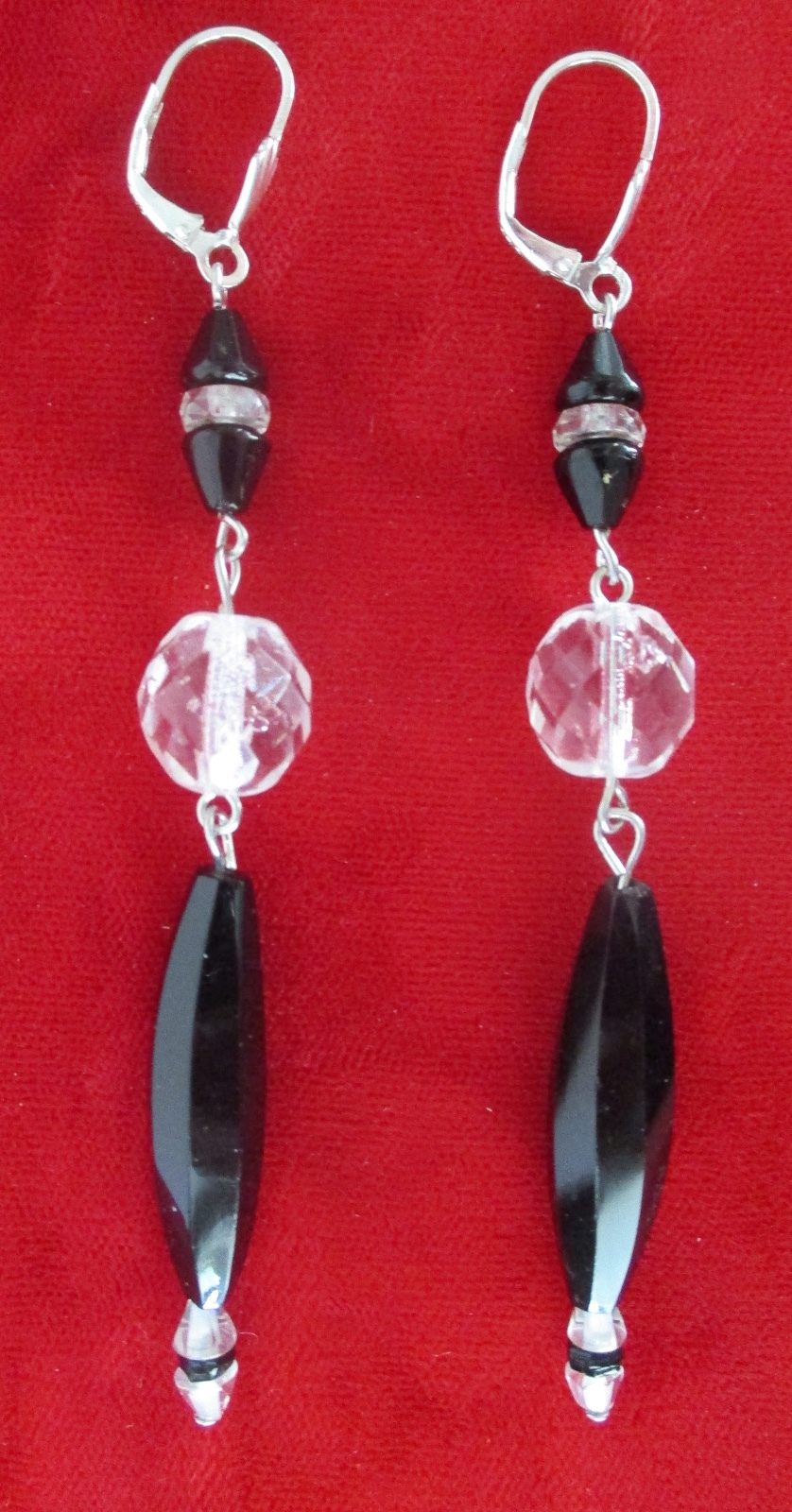 Pair of Vintage 3 1/2-Inch French Jet & Clear Czechoslovakian Crystal Earrings