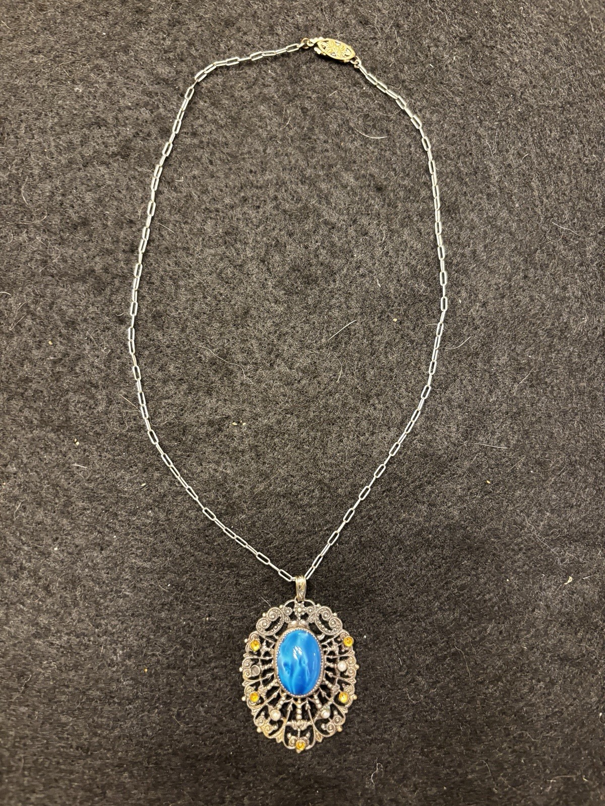 RARE VTG ART DECO GERMAN? SILVER TONE BRASS BLUE STONE BURST NECKLACE *9.8 gm*
