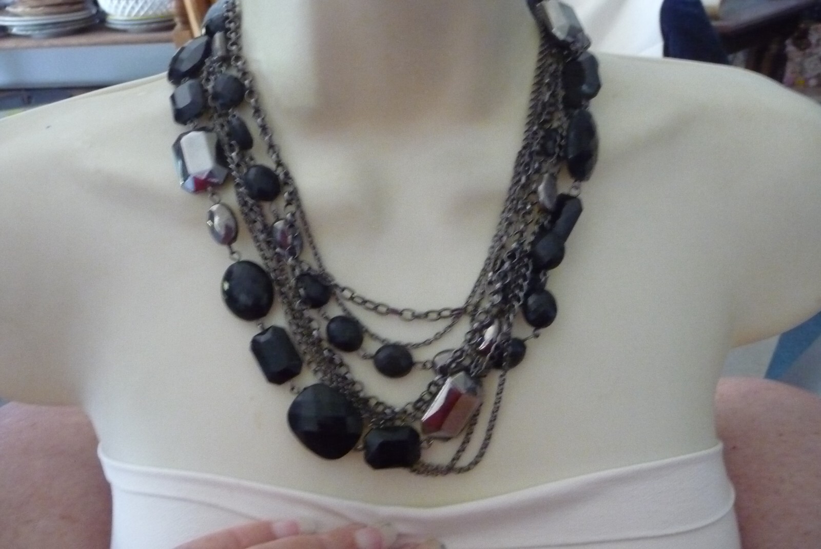 MULTI SILVER TONE CHAINS w Lrg BLACK & GUNMETAL GRAY STONES NECKLACE #811A