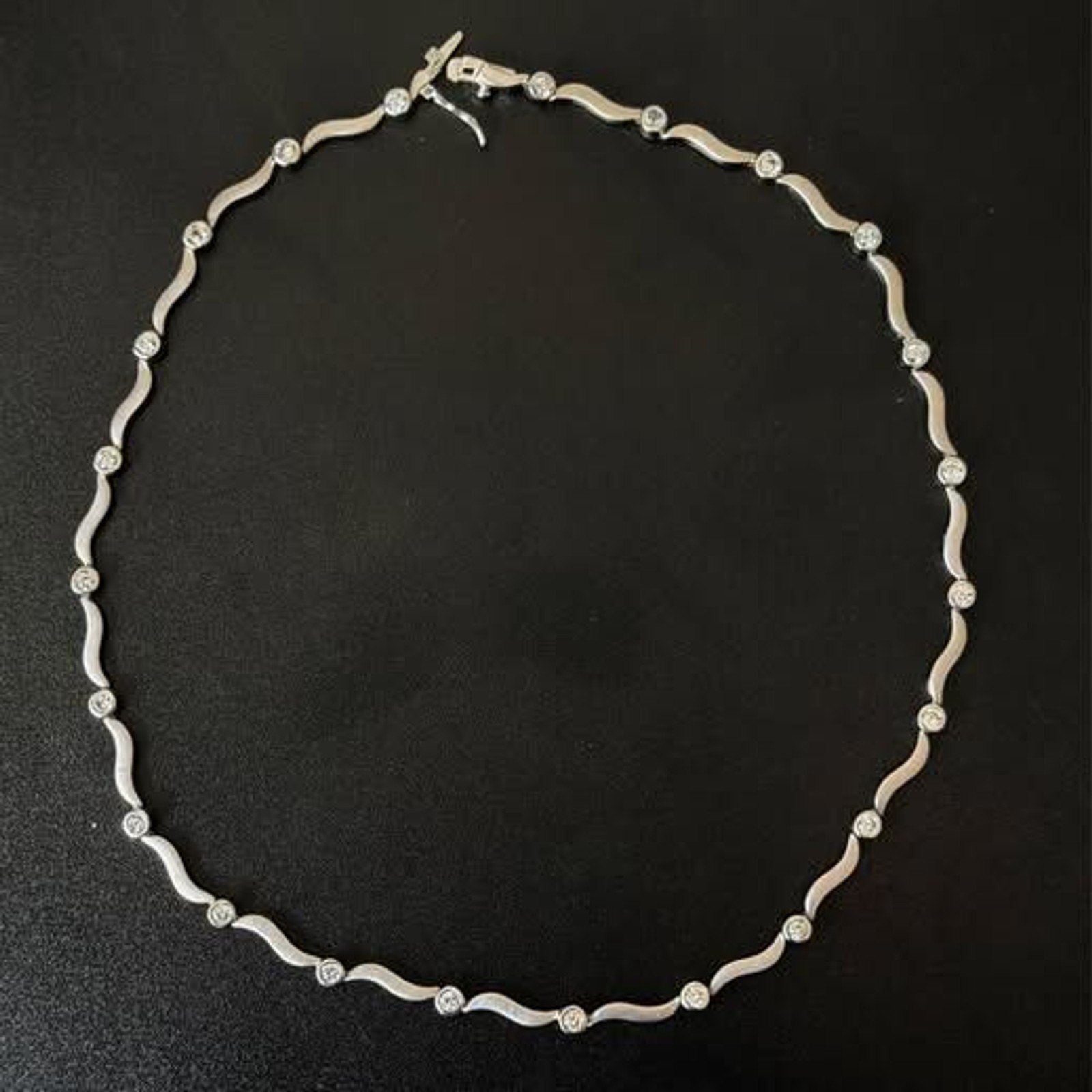Sterling Silver CZ Necklace 16” – Matte Brushed Wave Design Modern Minimalist