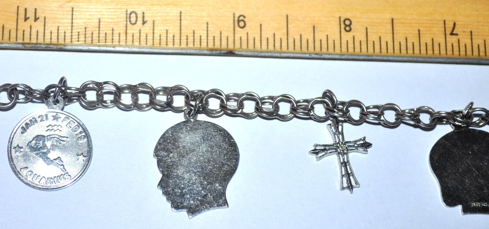 Vintage STERLING CHARM BRACELET cross, son, daughter, mom, aquarius .65 troy oz