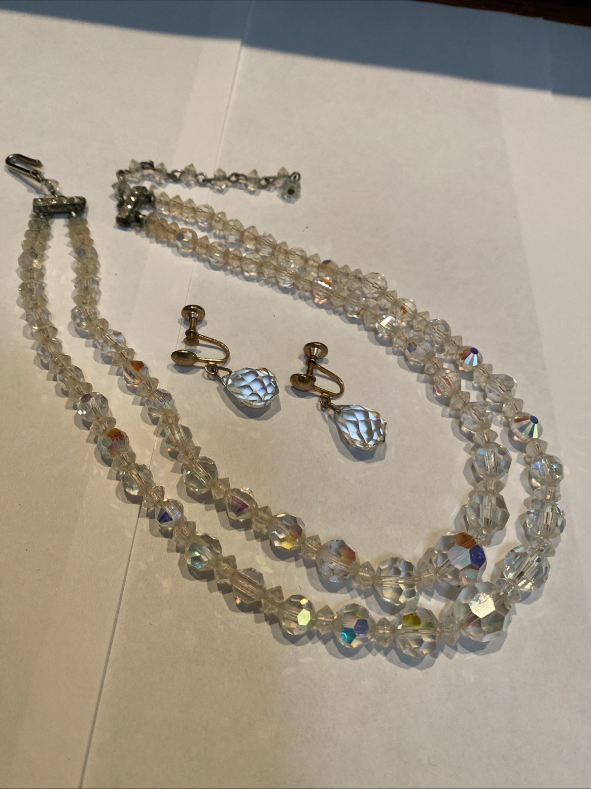 Vtg Graduated Set Faceted Crystal Glass Double Strand Choker, Screwback Earrings