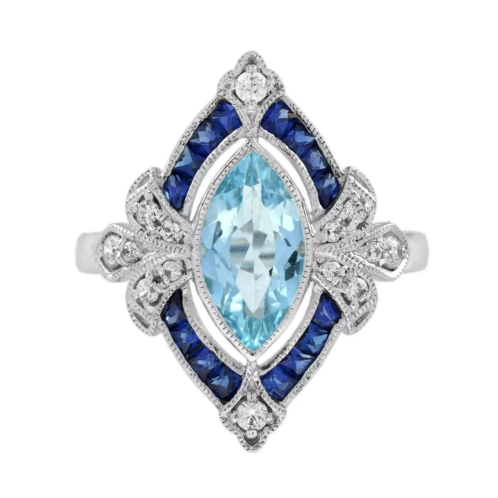 Art Deco Vintage Style 2.7Ct Aquamarine Lab Created Diamond Wedding Silver Ring