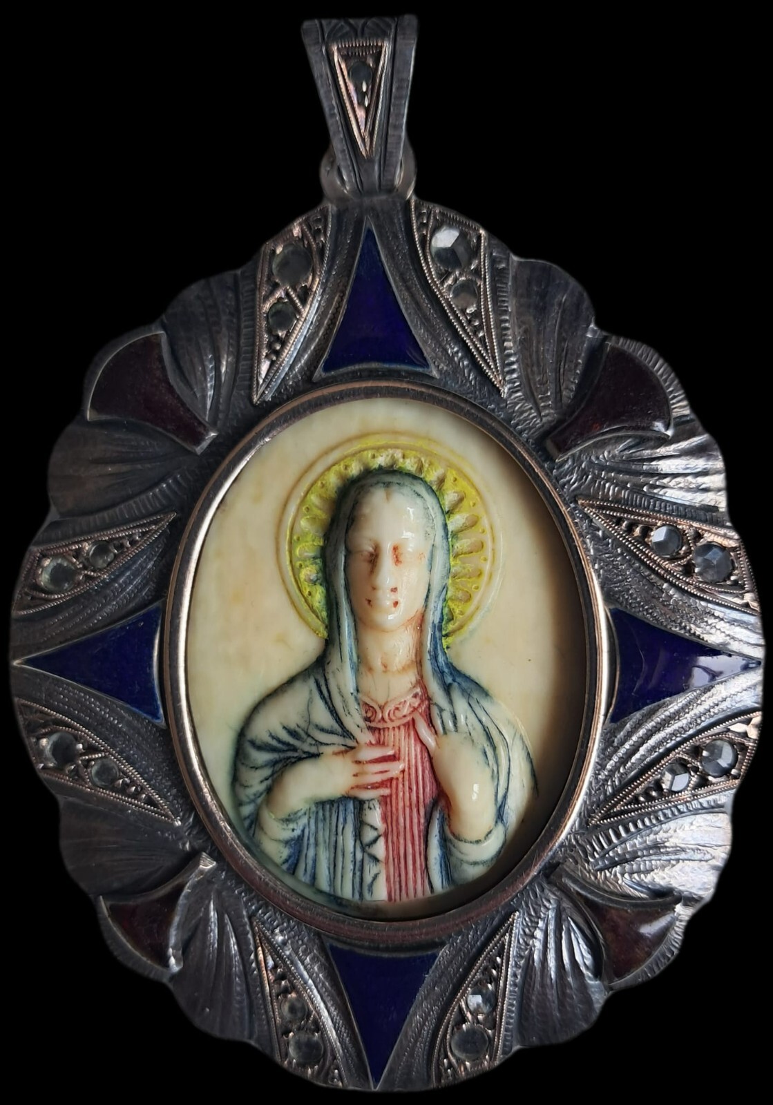 Fine Antique Art Nouveau Silver Gold Enamel Virgin Mary Madonna Pendant Ca 1900