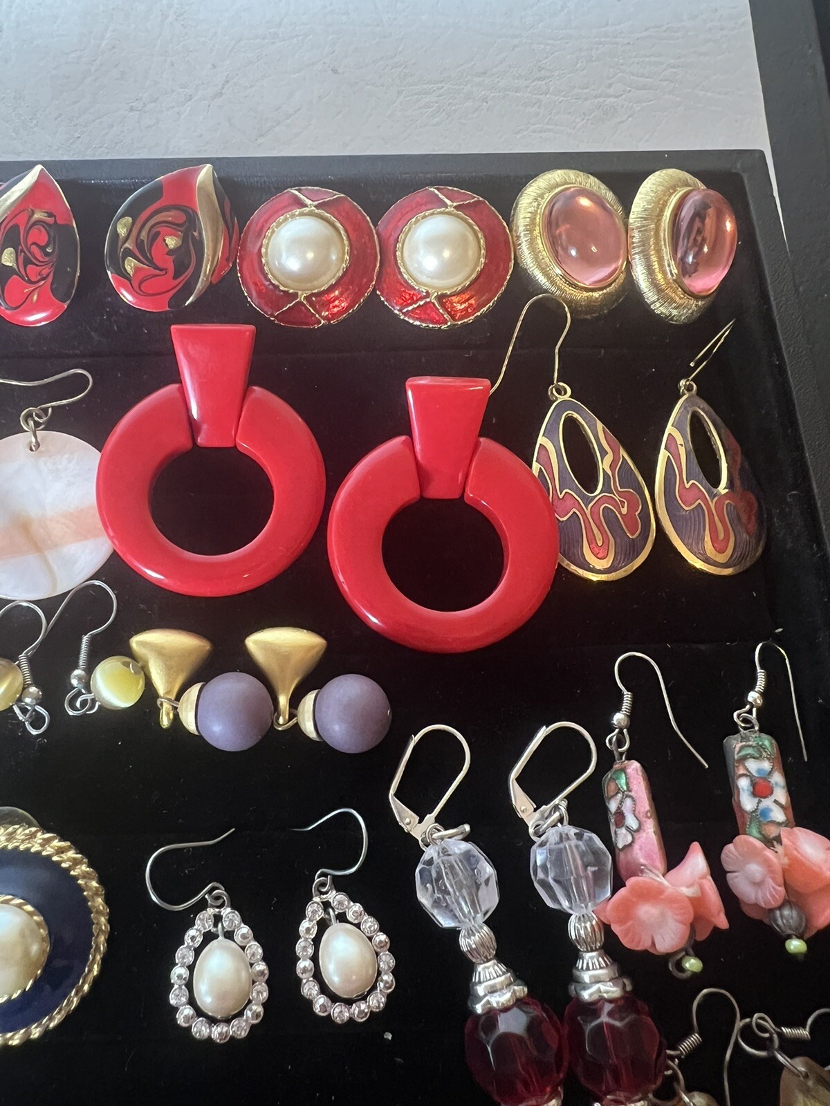 Lot Of Vintage Fashion Earrings 47 Pairs Of Drop Dangle Pierced Enamel