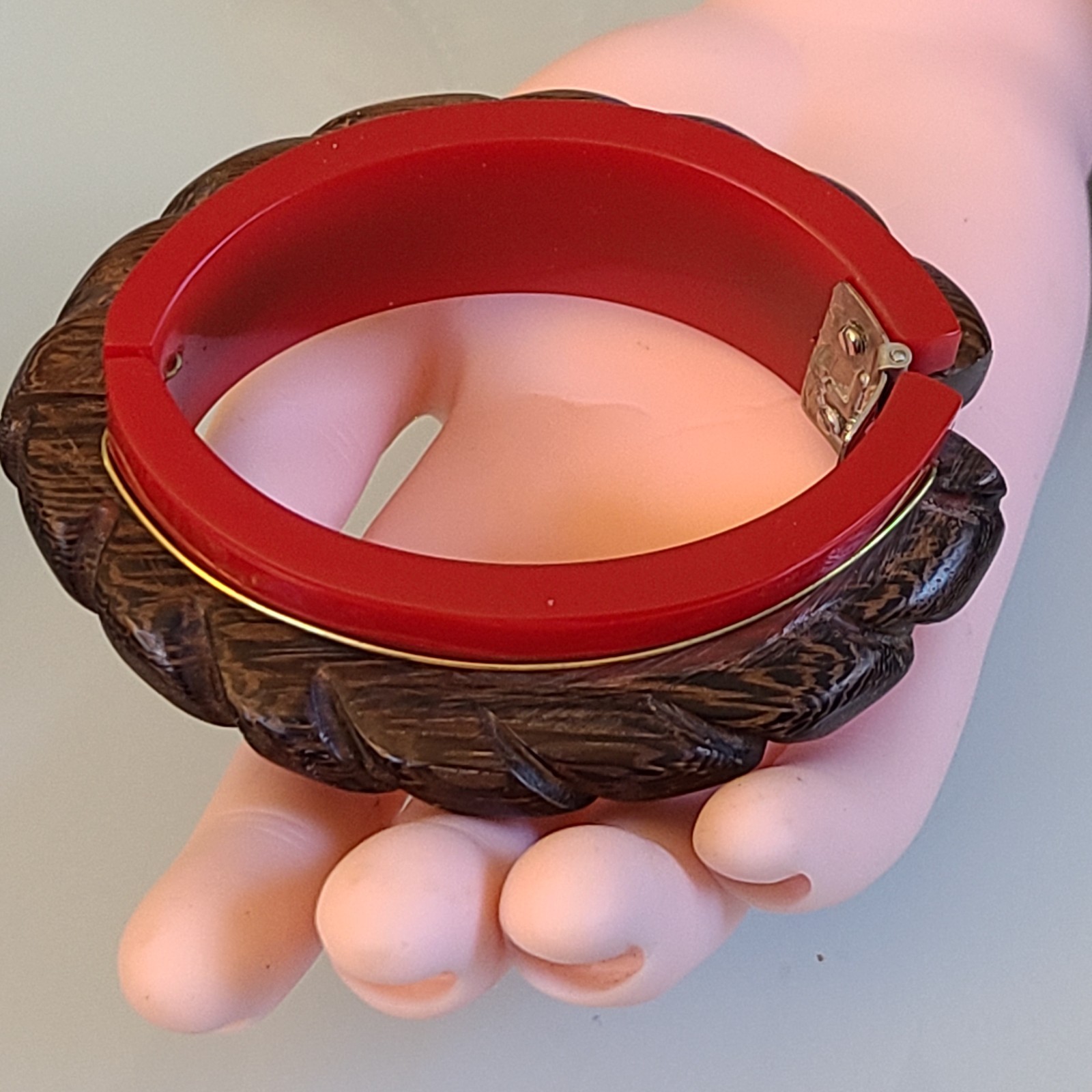DANNIJO Vintage Carved Wood & Red Resin Hinged Bangle Bracelet Chunky Boho Cuff