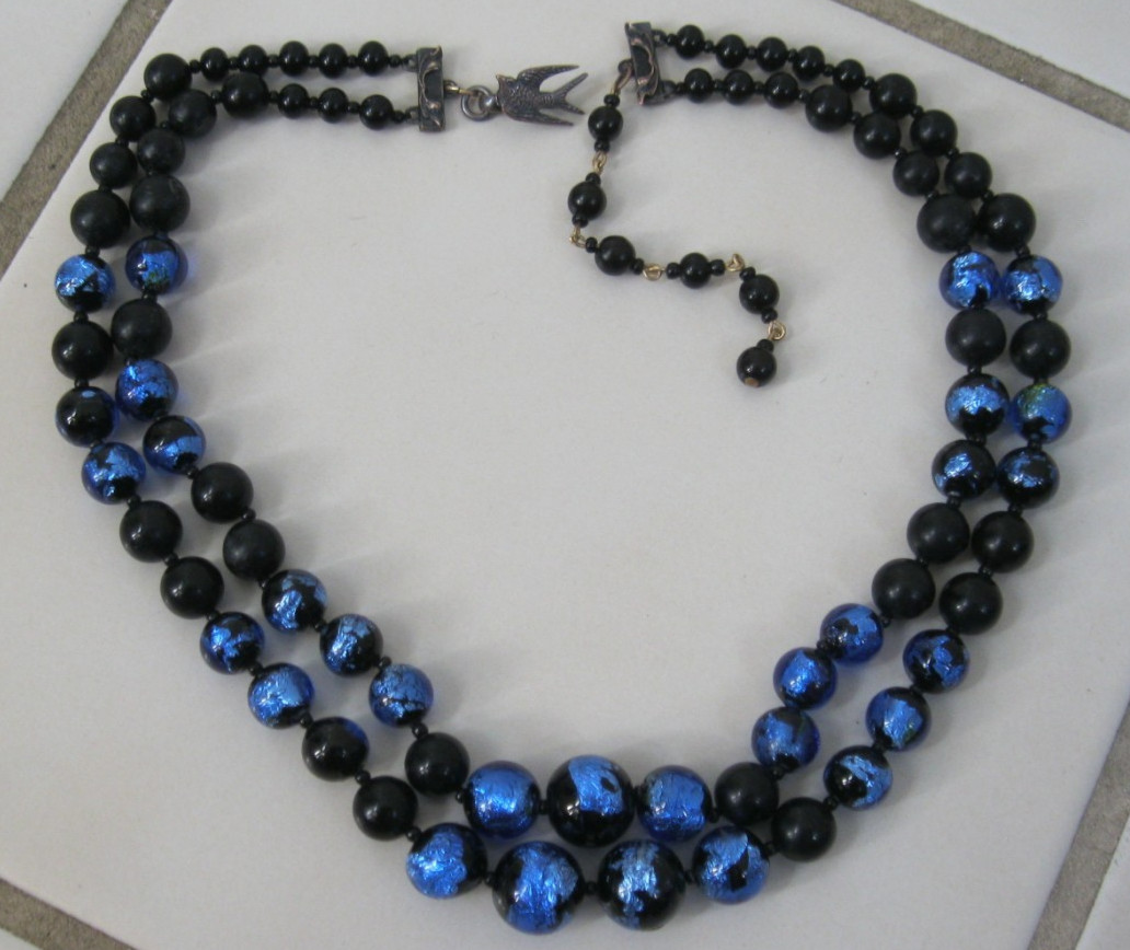 Josef Morton Blue, Black Art Glass Beads 2 Strands Necklace & Clip Earrings Set