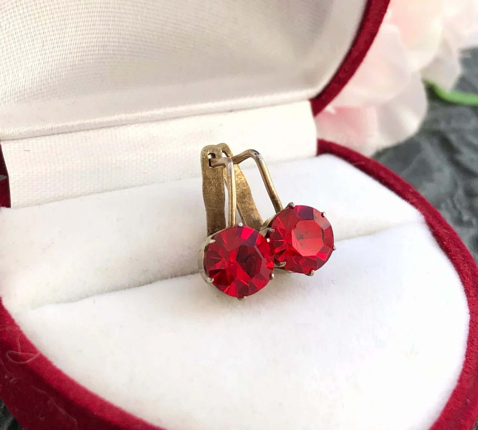 Estate Vintage Soviet Earrings Gilt Sterling Silver 875 Tourmaline Stud Ear USSR