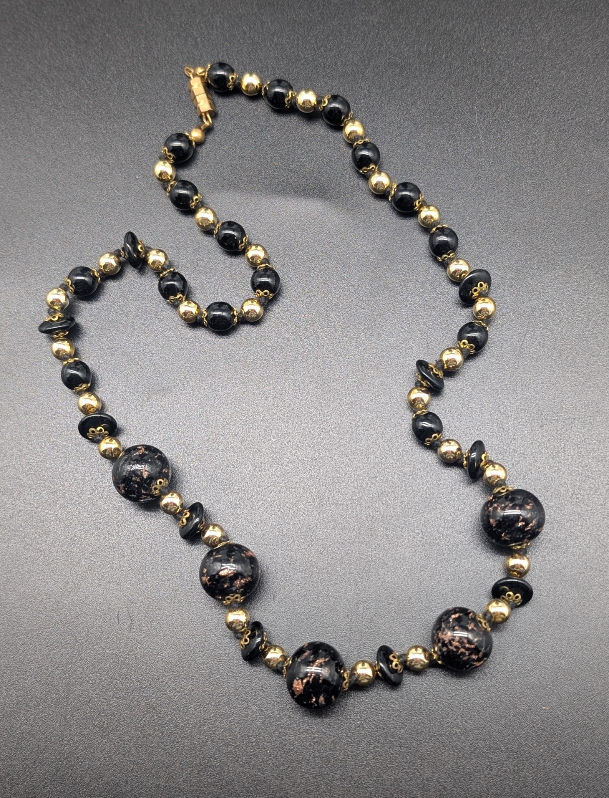 Vintage Hand Knotted Gold Tone Black & Copper Aventurine Art Glass Bead Necklace