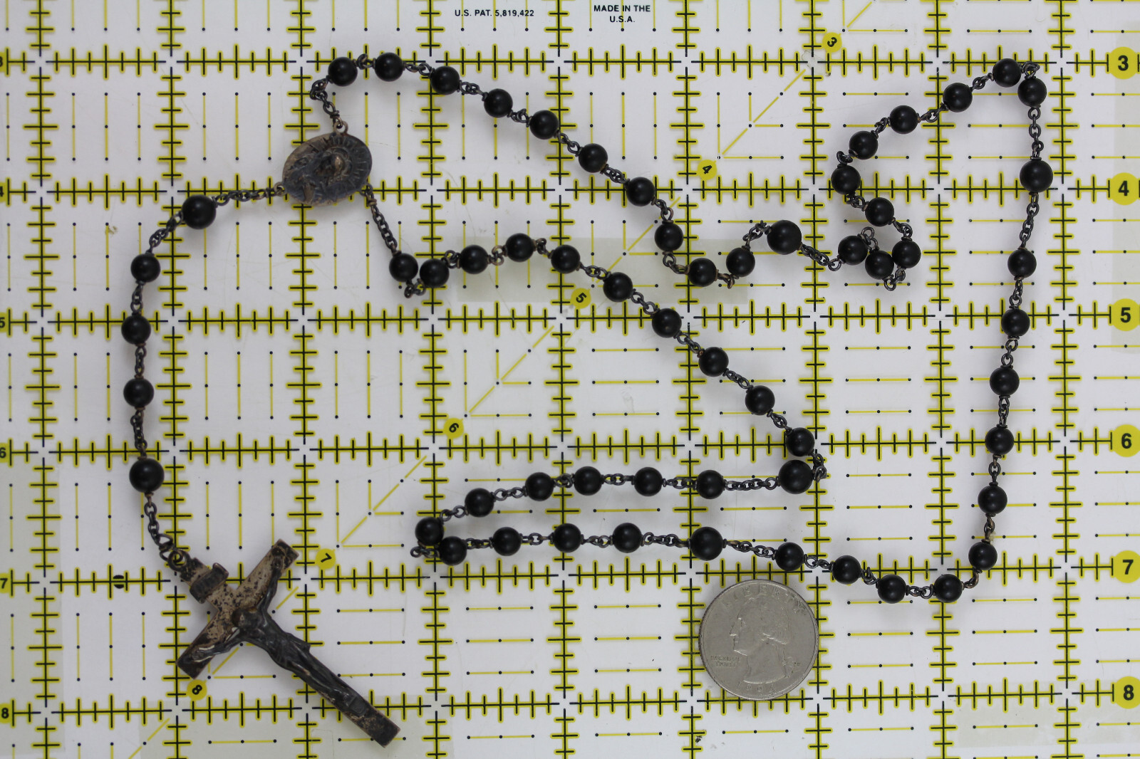 ANTIQUE ROSARY BLACK BEADS CROSS CRUCIFIX STERLING SILVER CHAIN 925 PRAYER