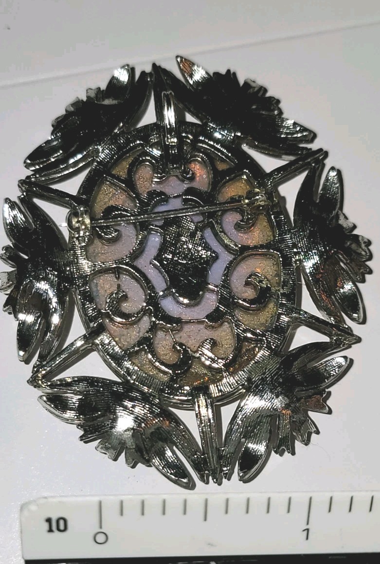 Vtg MCM Glass Foil Art Brooch Pendant Rhinestones Silver Tone Lg Whimsical Fairy
