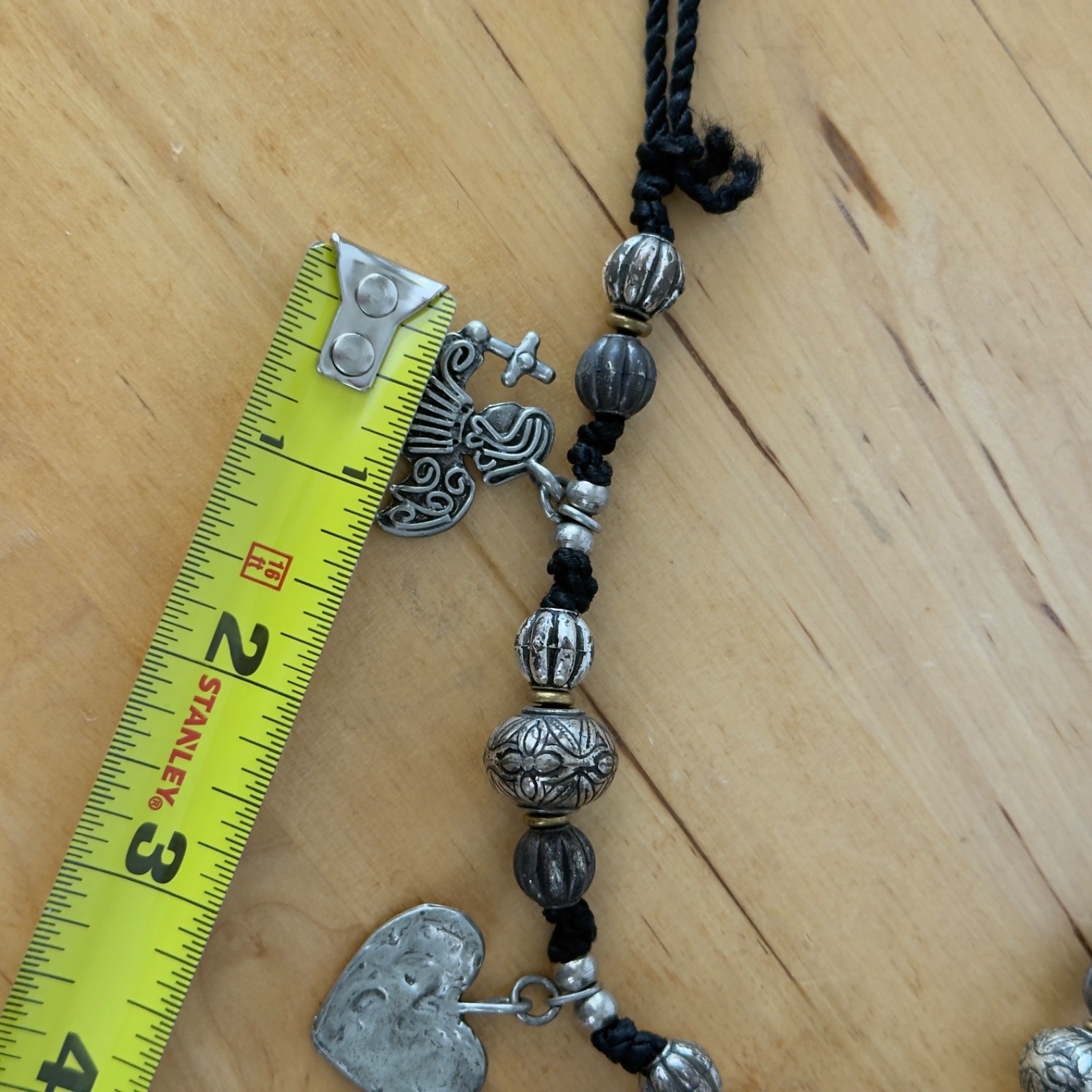 Vintage Signed MARCIE Beaded Pewter 3 Angels Cord Necklace Faith, Hope & Charity