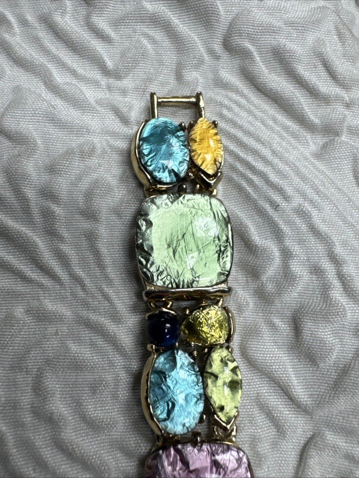 Vintage Foiled Art Glass Gold Plate Panel Link 8”Bracelet