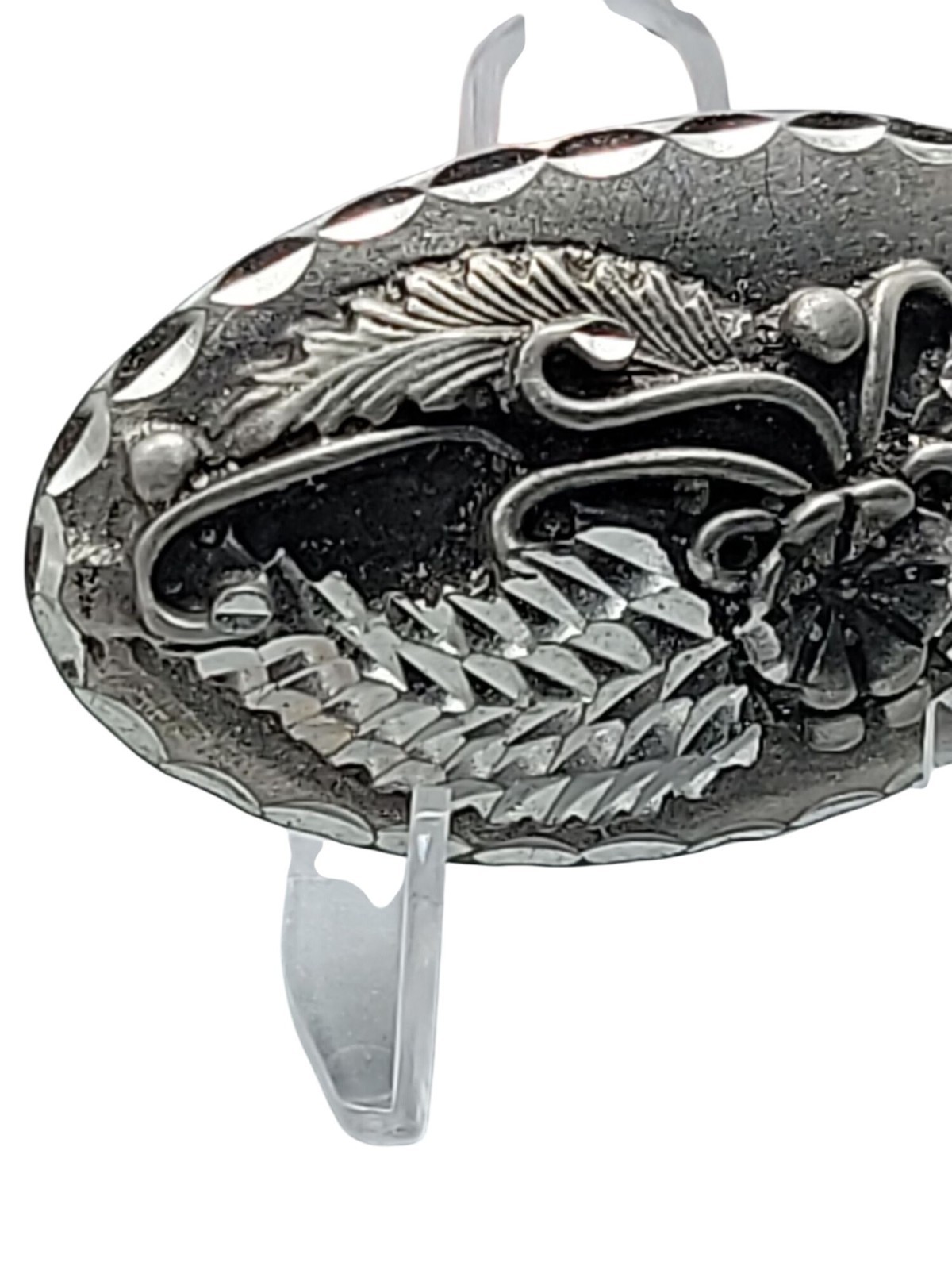 Vtg Oval Floral Feather Brooch Silver Plated Unmarked South Western Design