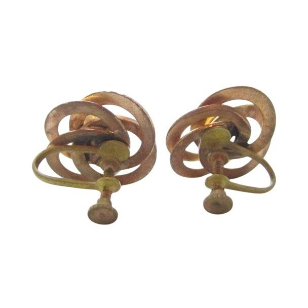 Antique Rose gold Plated Love Knot Blue Rhinestone Screw Back Earrings