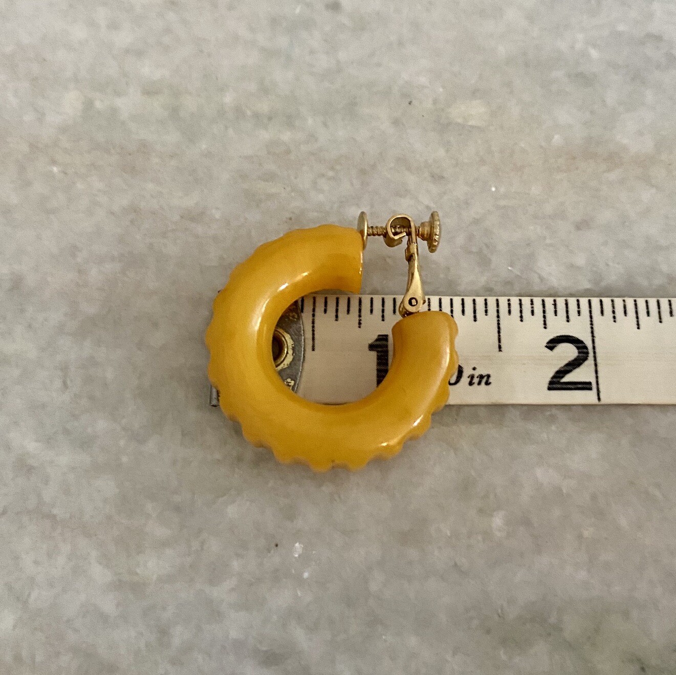Vintage Butterscotch Bakelite Carved Hoop Adjustable Clip On Earrings