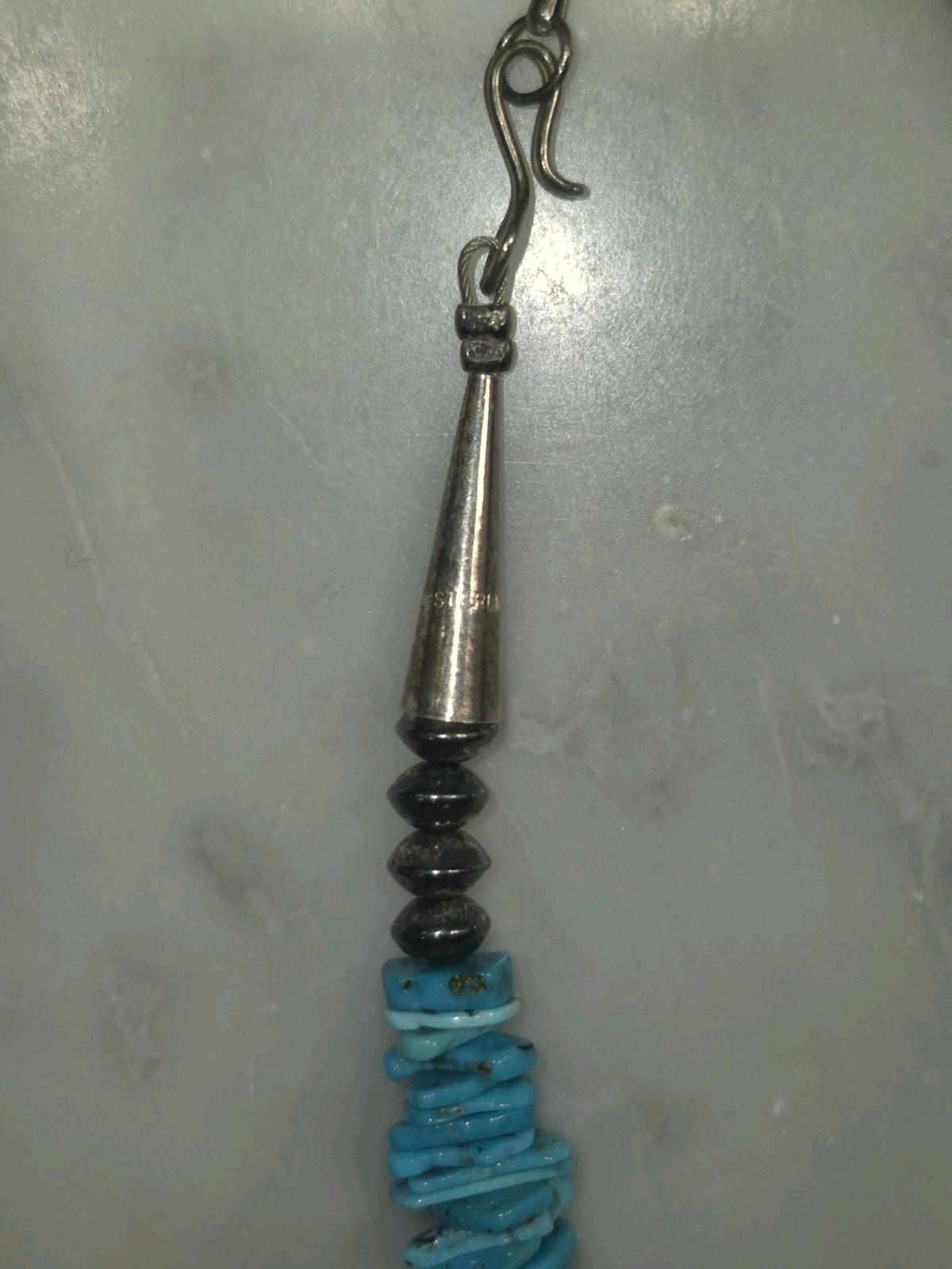 Vintage Turquoise Chip Necklace 925 Sterling Silver Cones Hook Clasp 50g