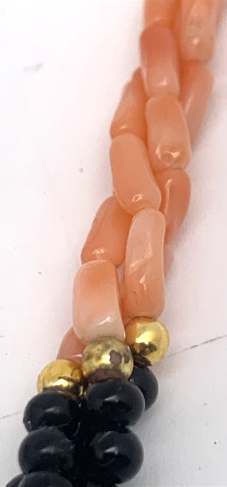 Vintage Twisted 3 Strand Coral & Onyx Beaded 30″ Necklace