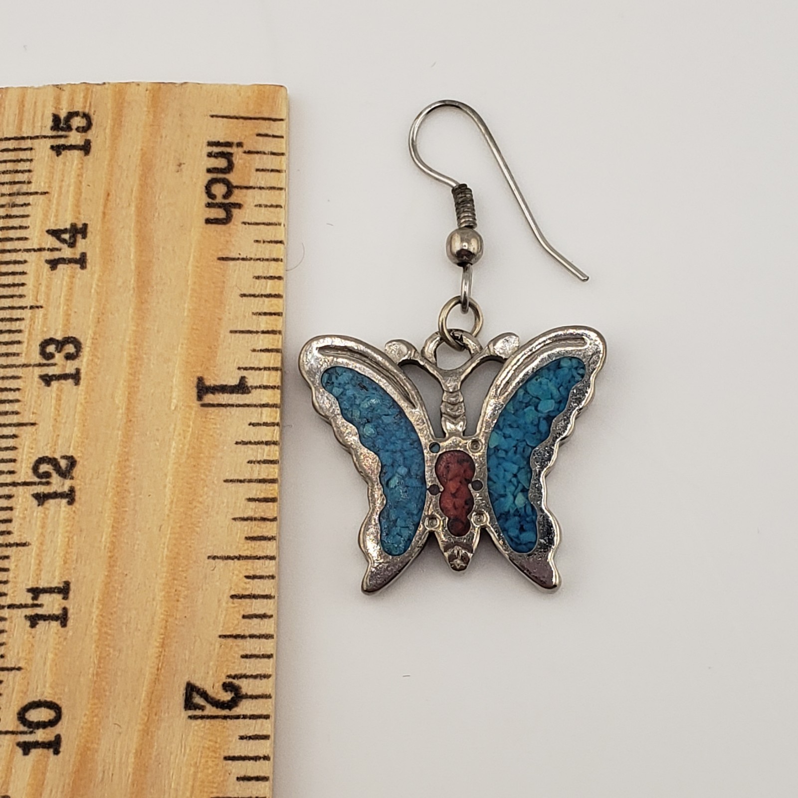 VTG Butterfly Dangle Earrings Silver Tone Turquoise Coral Chip Inlay Southwest
