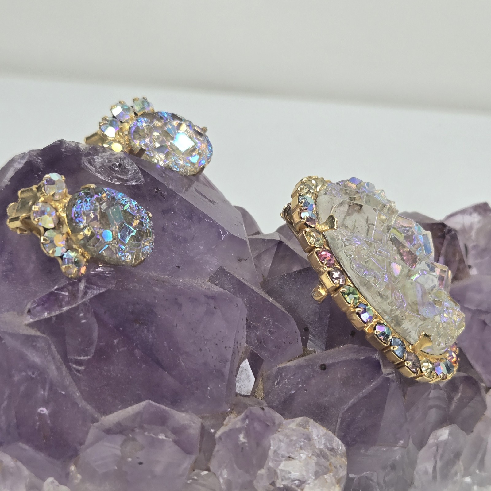 Vintage Juliana DeLizza & Elster Crystal Geode Brooch & Earrings Rare Book Piece
