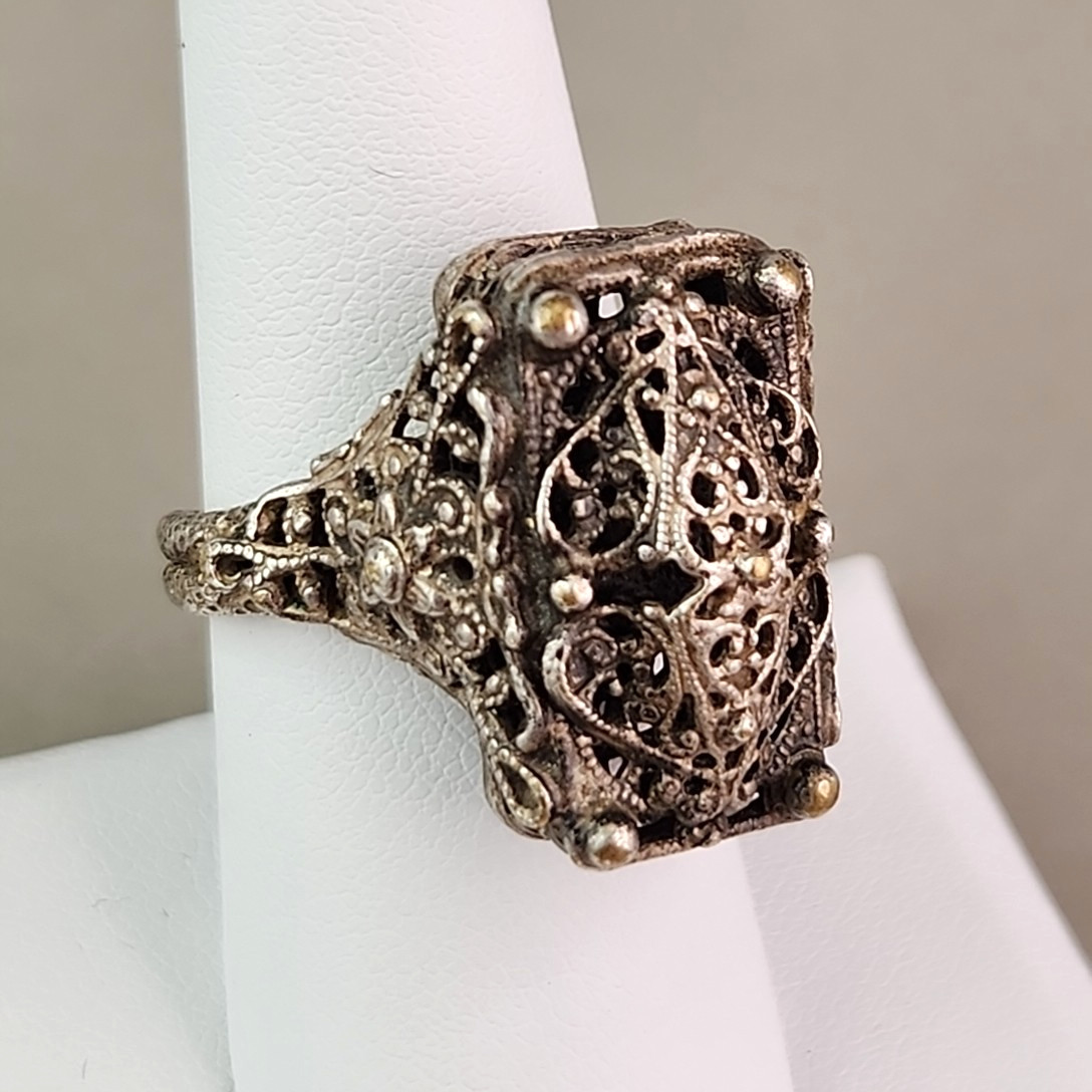 Filigree Statement Cuff Ring Brass Silver Tone Rectangle Heavy 7.5