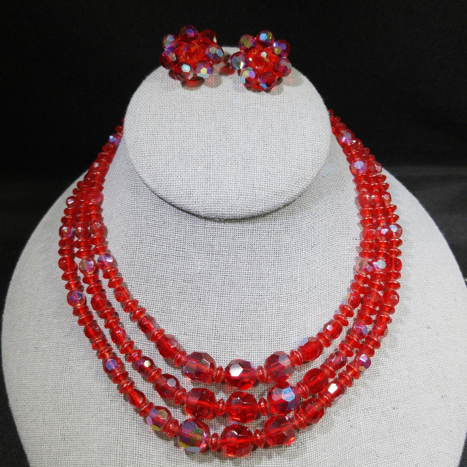 Vintage Czech Red Glass AB 3 Strand Necklace Earrings Set 1950s