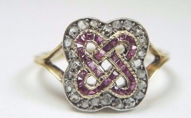 Victorian Art Deco Diamond Ruby 18K Yellow Gold Ring Size 9 UK-R1/2 Fine