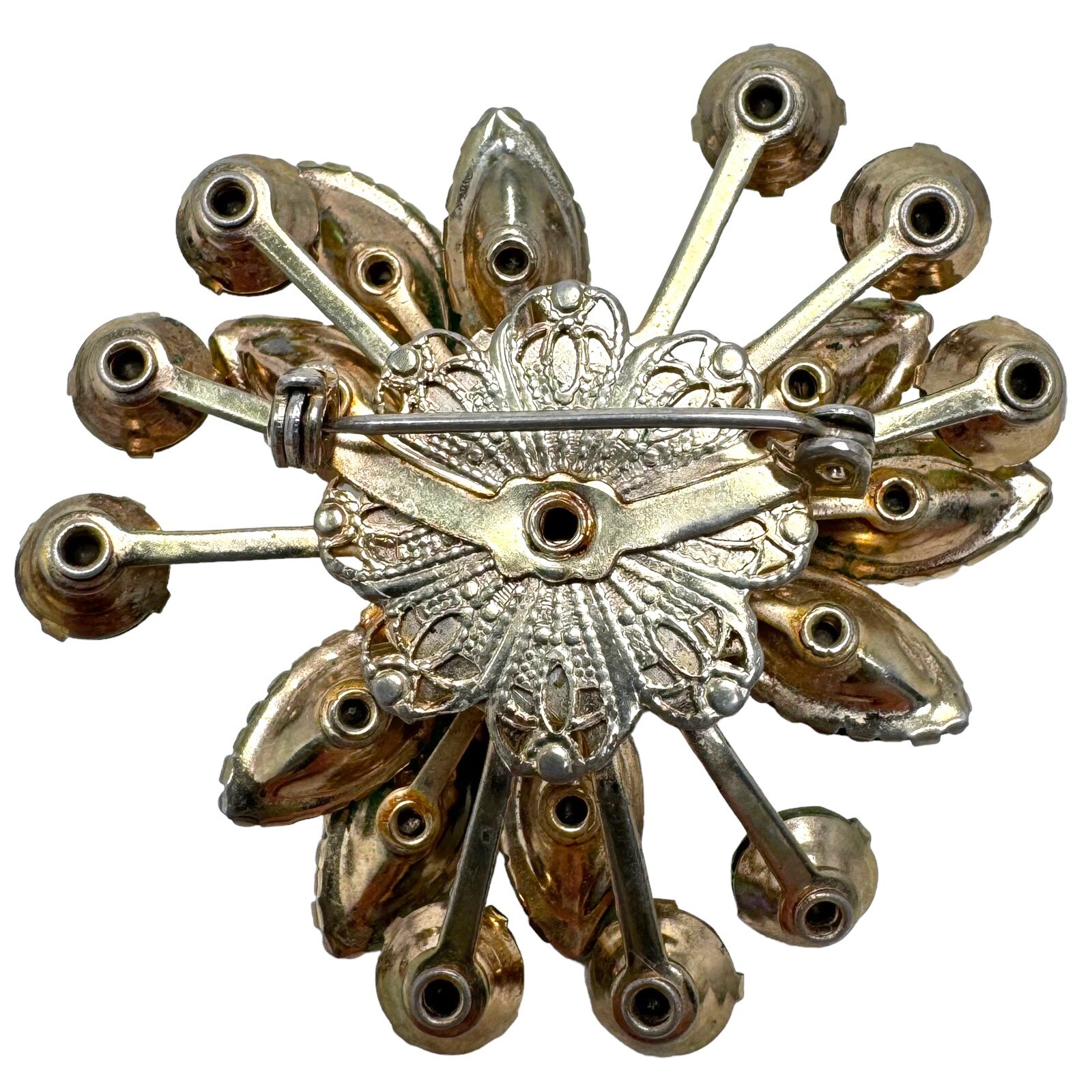 Vtg Gold Tone Light Dark Green Rhinestone Brooch Rivet Filigree Back Satellite