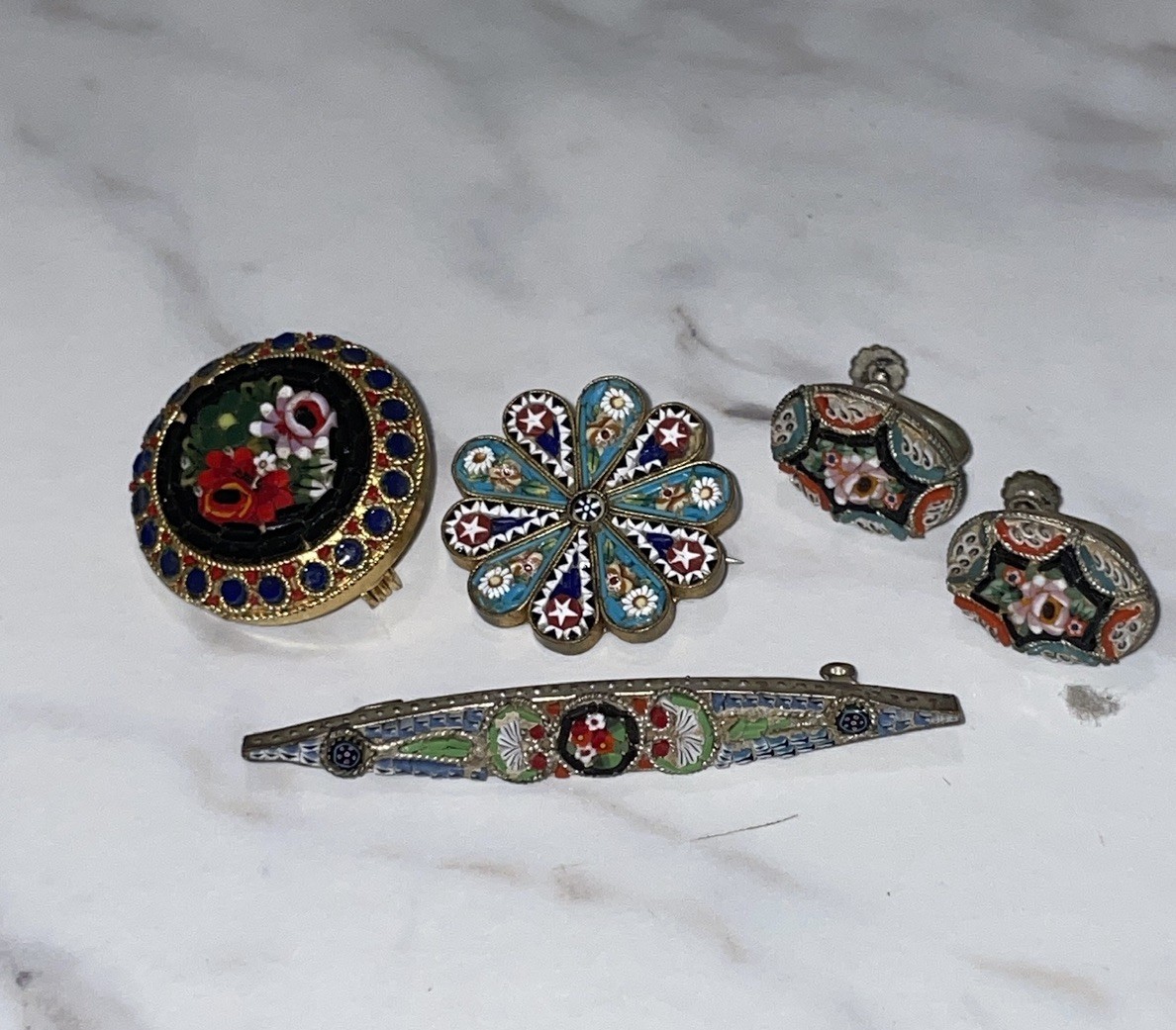 Antique Floral Micro Mosaic Jewelry LOT Earrings and Brooches