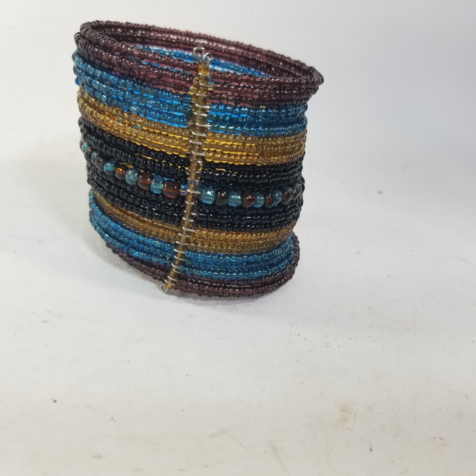 Seed Bead Cuff Bracelet Blue Yellow Black Boho Extra wide