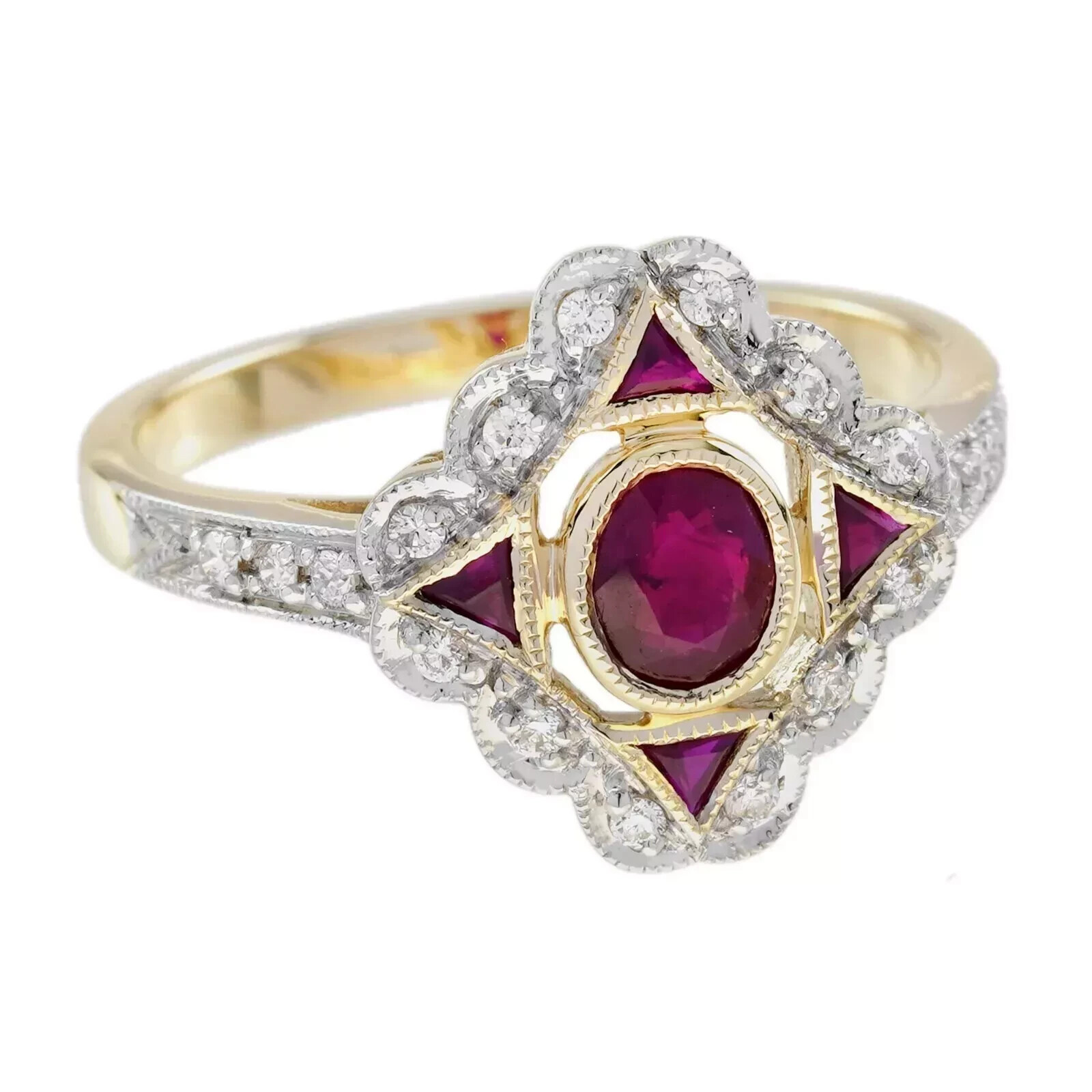 Art Deco Style Red Ruby & Lab Created Diamond Wedding Ring 14K White Gold Finish