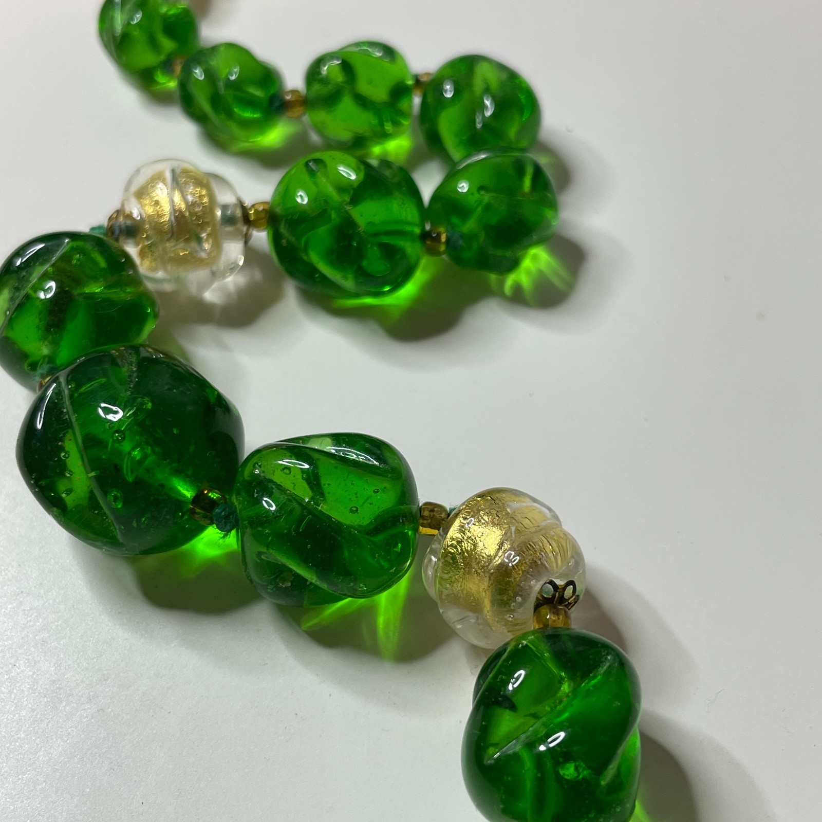 Vtg MURANO Chunky Glass Bead Necklace w Tag Handmade Italy Green Gold Foil NWT