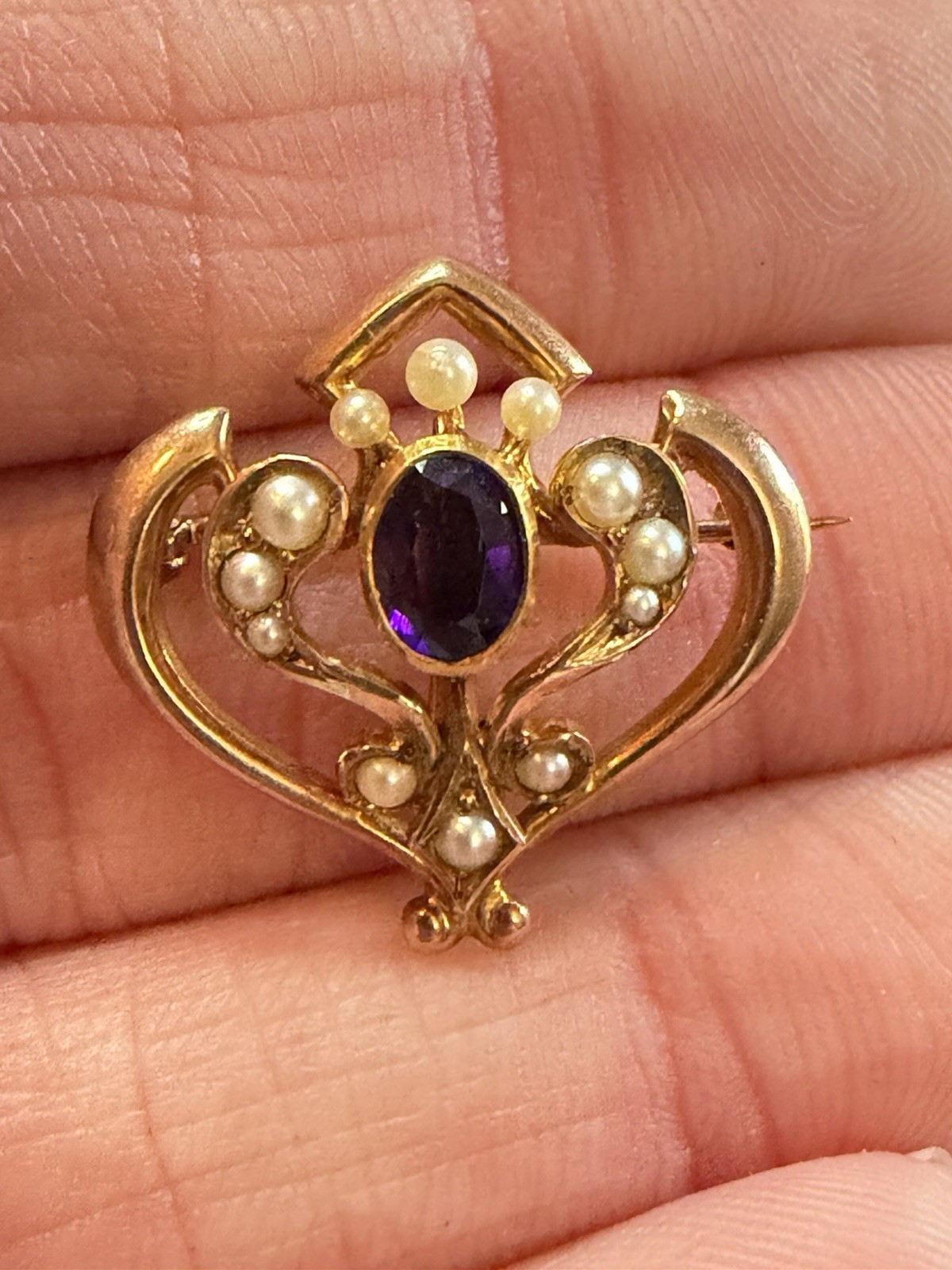 Antique Victorian 14K Gold Amethyst Seed Pearl Convertible Brooch Pendant
