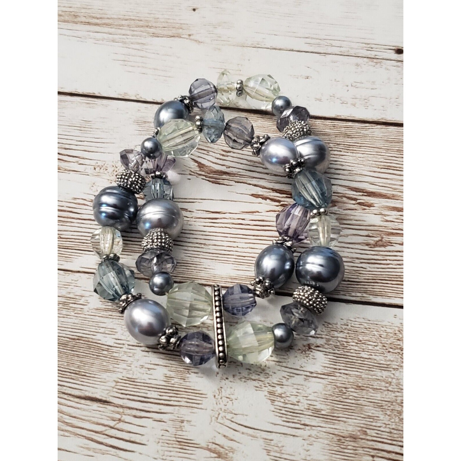 Vintage Stretch Bracelet / Bangle – Double Row Silvery Blue Tones